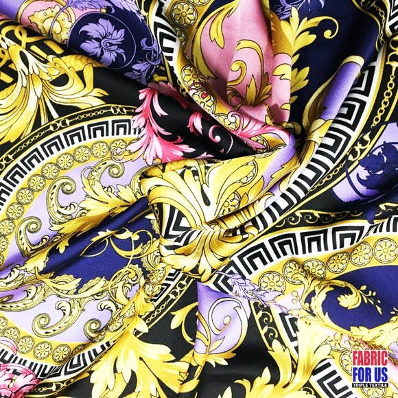 Ornate Greek Key Polyester Design Print Purple / Gold Fabric 58" Wide - Picture 3 of 3